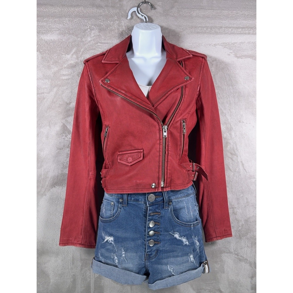 IRO Ashville Leather Moto Jacket Womens 38 Red Biker Asymmetrical‎ Belted Zip